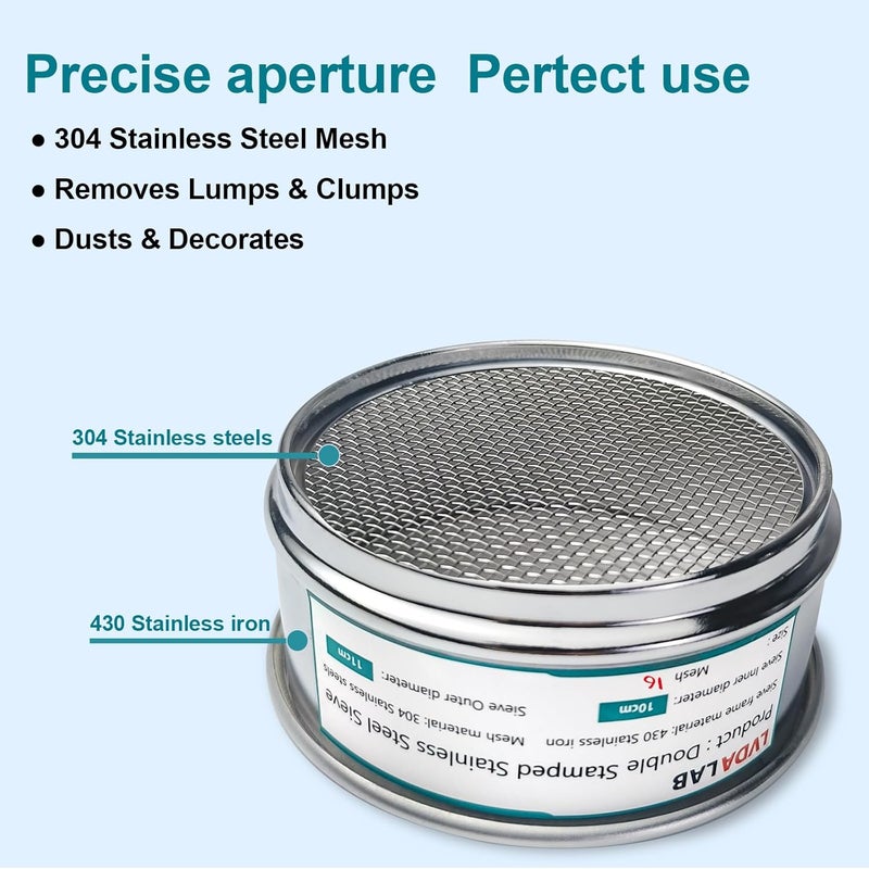 LVDALAB 304 Stainless Steel Mesh Lab Sieve, 16 Mesh(1.18mm) Aperture Test Sieve, 4inch(10cm) Economy Standard Analysis Sample Test Sieves for Industrial Laboratory Homes - Image 3